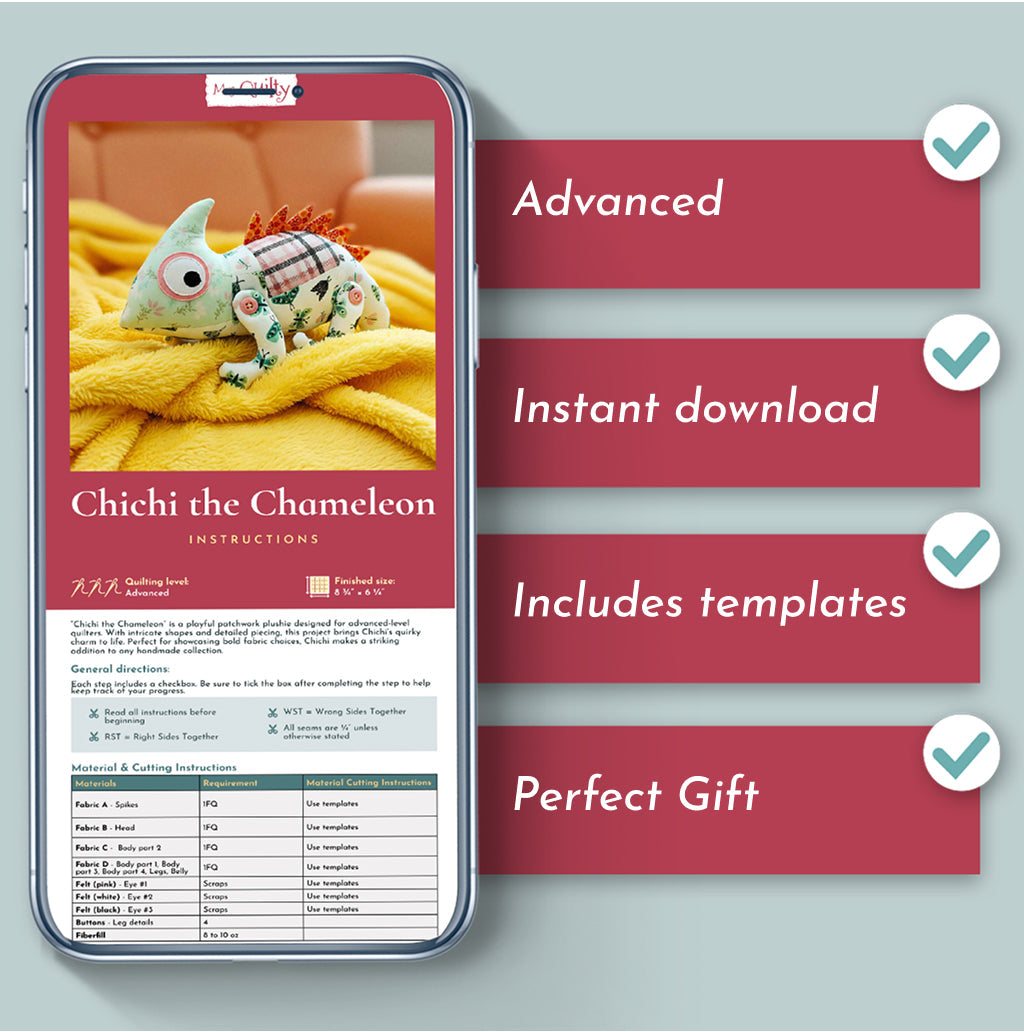 A smartphone shows the "Chichi the Chameleon Downloadable PDF Quilt Pattern," featuring a plush chameleon. Text highlights advanced quilting, instant PDF download, included templates, and notes it as a perfect gift.