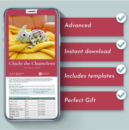 A smartphone shows the "Chichi the Chameleon Downloadable PDF Quilt Pattern," featuring a plush chameleon. Text highlights advanced quilting, instant PDF download, included templates, and notes it as a perfect gift.