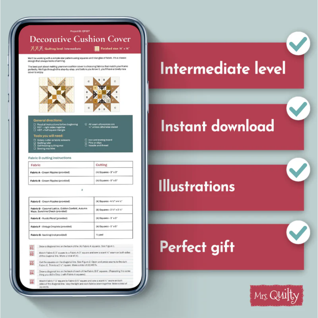 A smartphone shows the Decorative Cushion Cover Downloadable PDF Quilt Pattern, featuring intermediate skill level, instant PDF access, beautiful illustrations, and making it an ideal gift.
