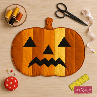 Add festive fall decor to your table with a quilted pumpkin-shaped placemat. Use the Halloween Pumpkin Placemat Downloadable PDF Quilt Pattern for a charming jack-o'-lantern design, perfect for autumn and Halloween celebrations.