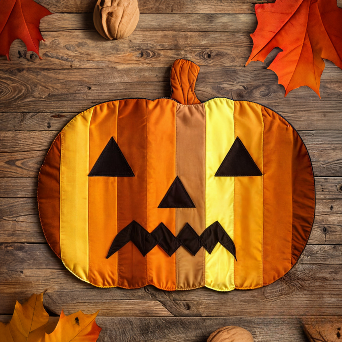 The Halloween Pumpkin Placemat Downloadable PDF Quilt Pattern features a jack-o’-lantern design, perfect for autumn décor. Display it on wood surfaces with leaves and nuts for a festive Halloween touch—get the quilt pattern as an instant download.