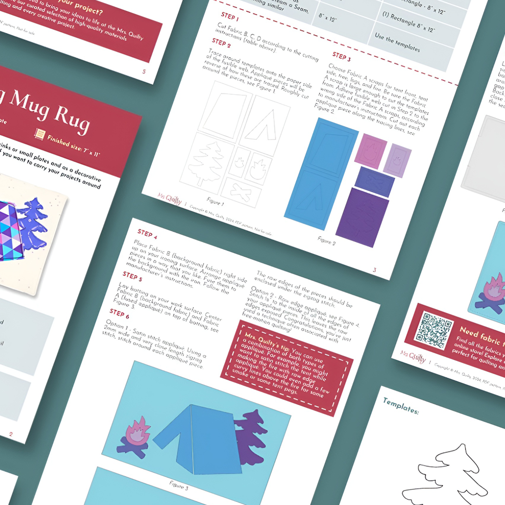 The Hiking Mug Rug Downloadable PDF Quilt Pattern includes illustrated instruction pages with diagrams, templates, and step-by-step text to guide you in creating a decorative mug rug—ideal for instant download craft projects.