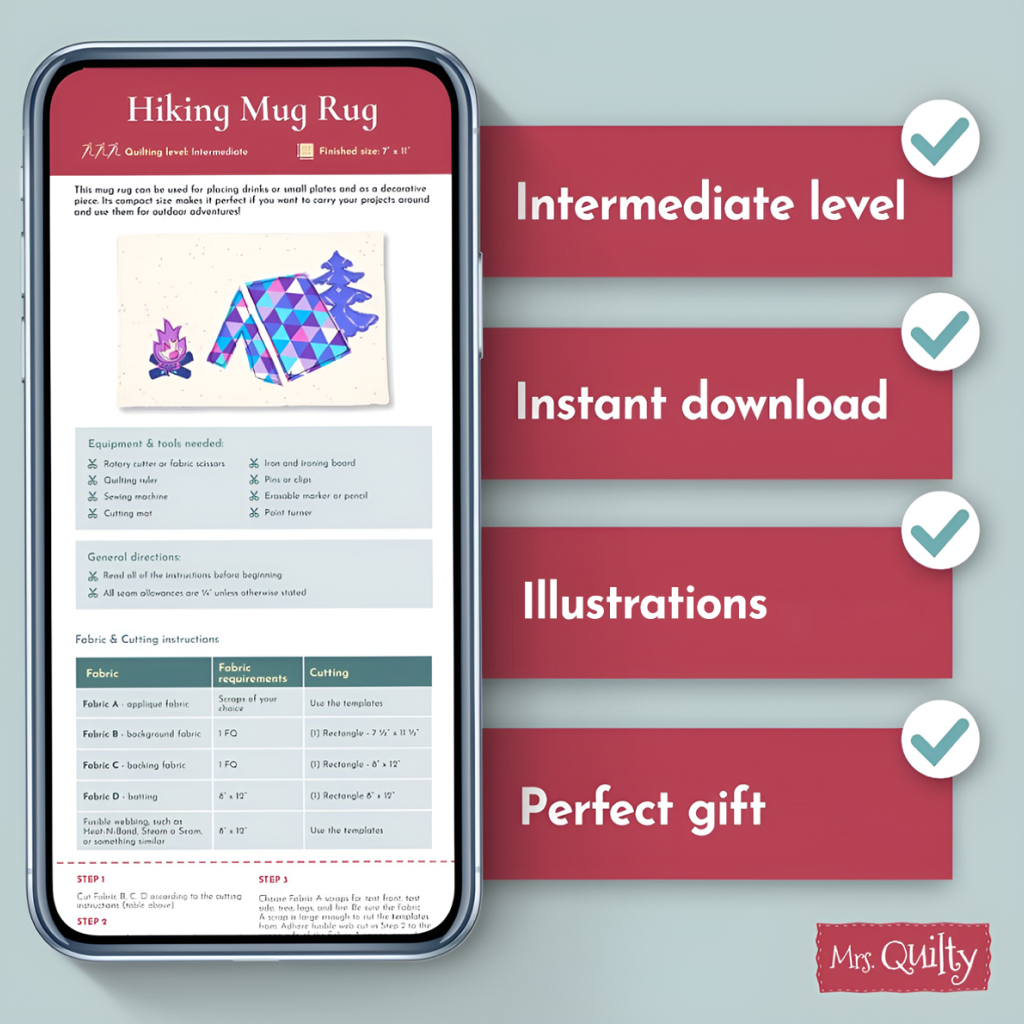 A smartphone shows the Hiking Mug Rug Downloadable PDF Quilt Pattern. Four checklist features—intermediate level, instant download, illustrations, and perfect gift—are listed beside it.