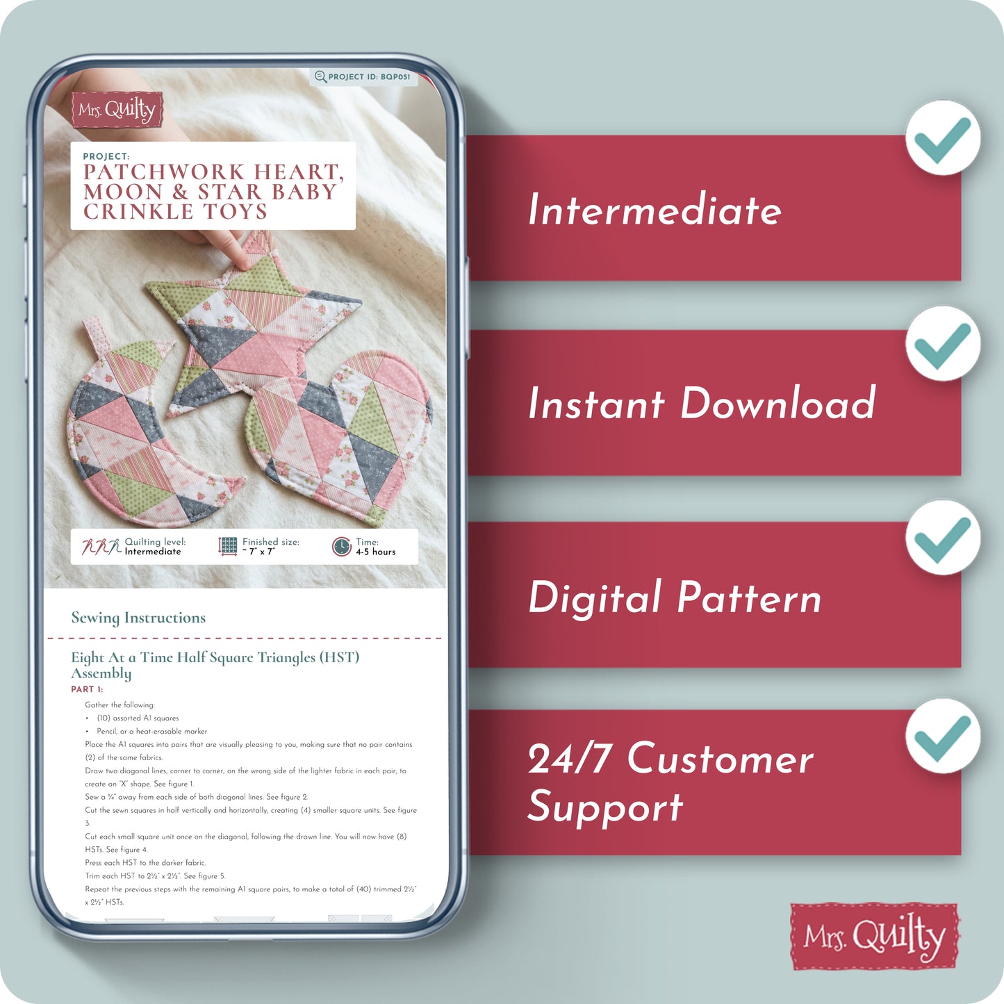 Patchwork Heart, Moon & Star Baby Crinkle Toys Digital PDF Pattern