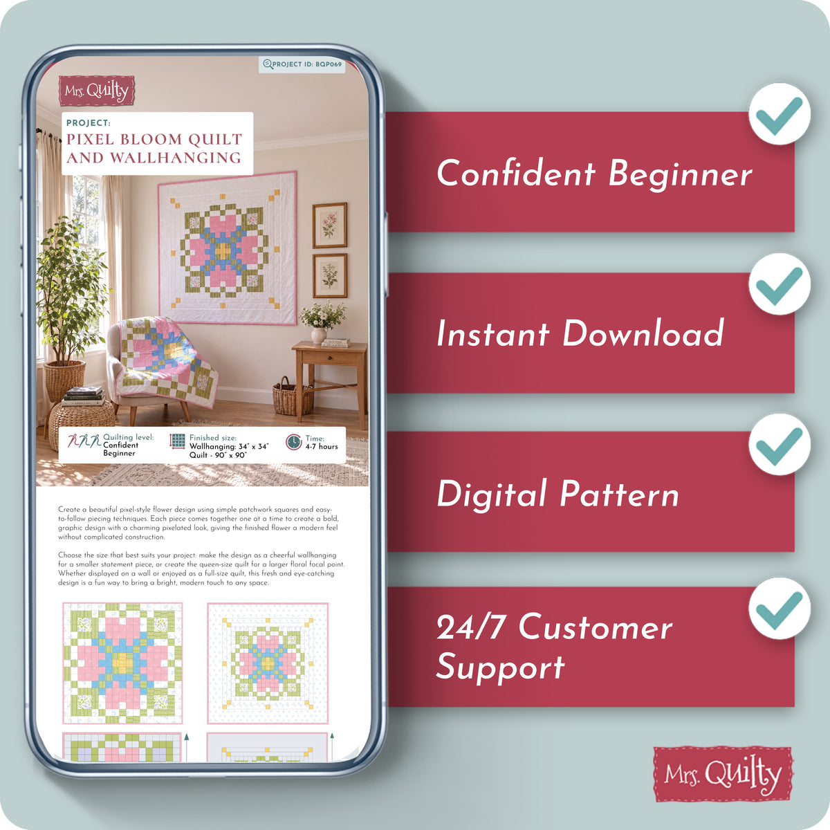Pixel Bloom Quilt Digital PDF Pattern