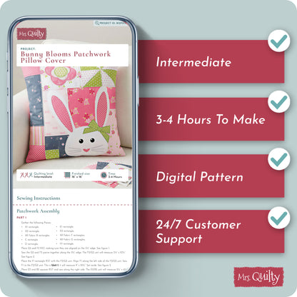 Bunny Blooms Patchwork Pillow Cover Digital PDF Pattern