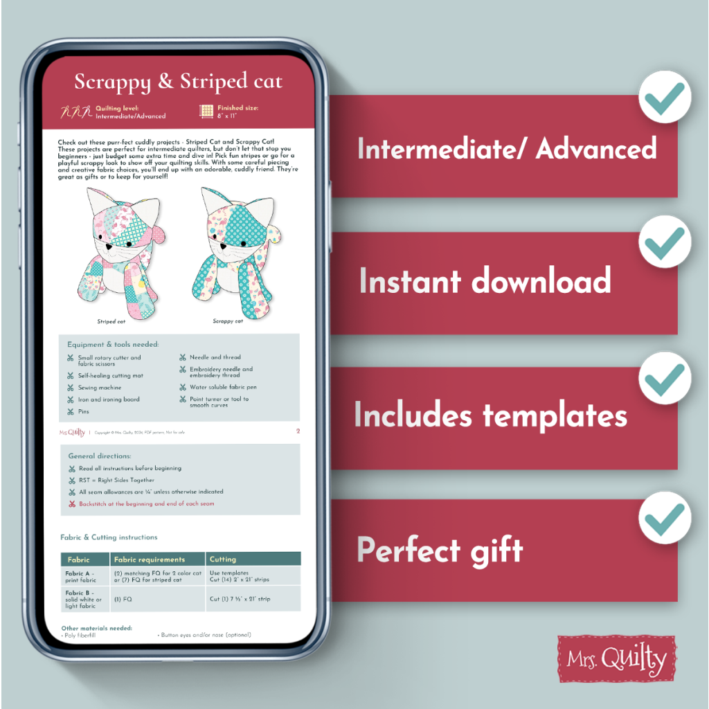 A phone displays the Katie the Kitten Downloadable PDF Quilt Pattern; checkmarks highlight features like intermediate quilting skills, instant download, templates, and suitability as a perfect gift.