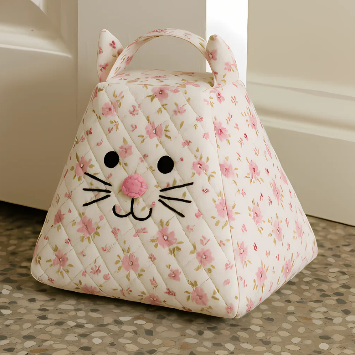 A quilted, pyramid-shaped kitty door stop made with the Kitty Door Stop Downloadable PDF Quilt Pattern sits on a tiled floor by a white door, featuring a floral design and decorated with a cat face, ears, and handle.