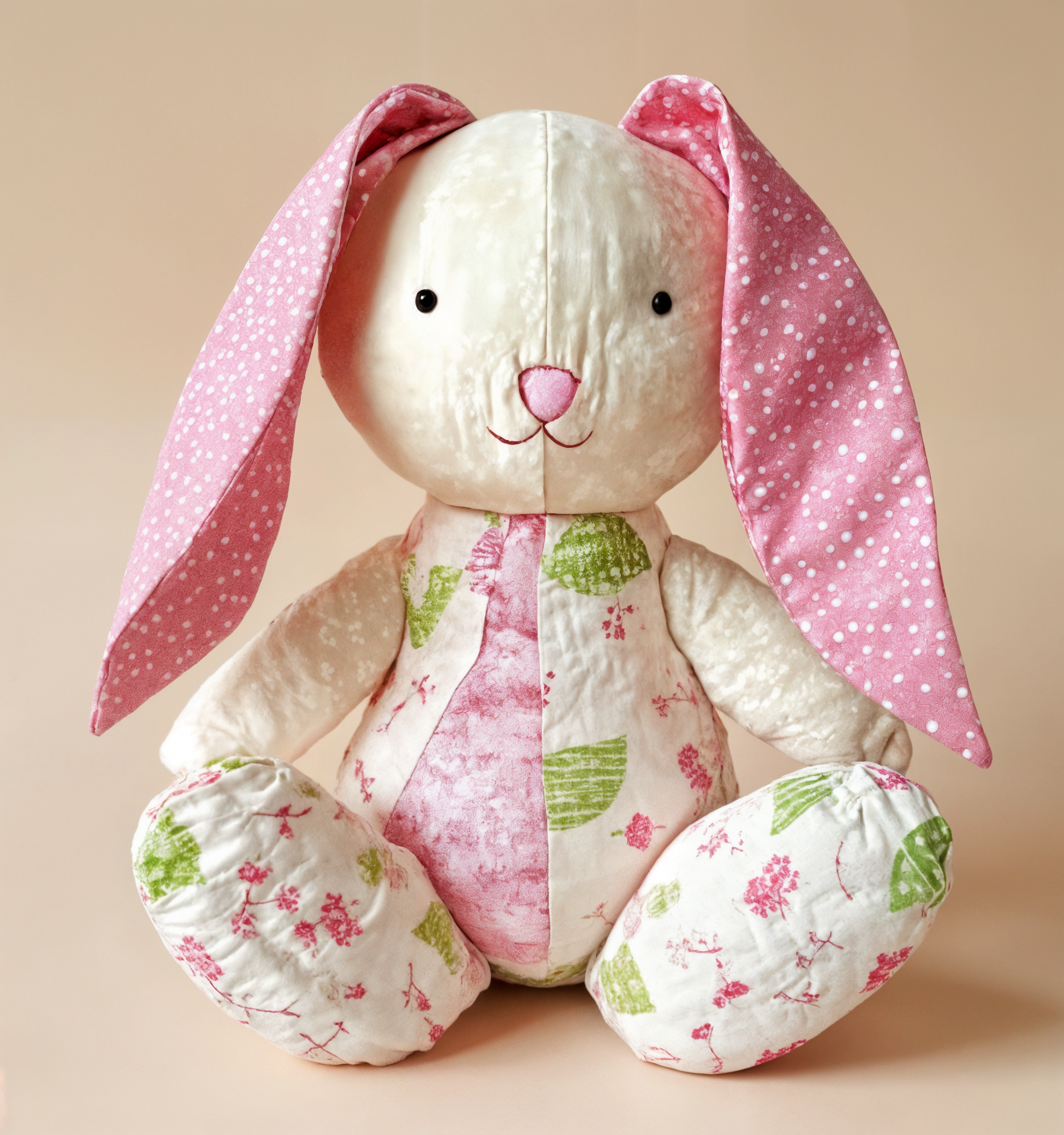 Lulu the Bunny Downloadable PDF Quilt Pattern features a whimsical bunny design with white and pink patchwork, including long pink ears with white polka dots. This delightful pattern is perfect for creating your own charming stuffed bunny quilt.