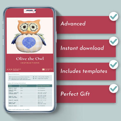 A smartphone displays the Olive the Owl Downloadable PDF Quilt Pattern with instructions, an advanced level checklist, instant download, included templates, and notes it's a perfect gift.