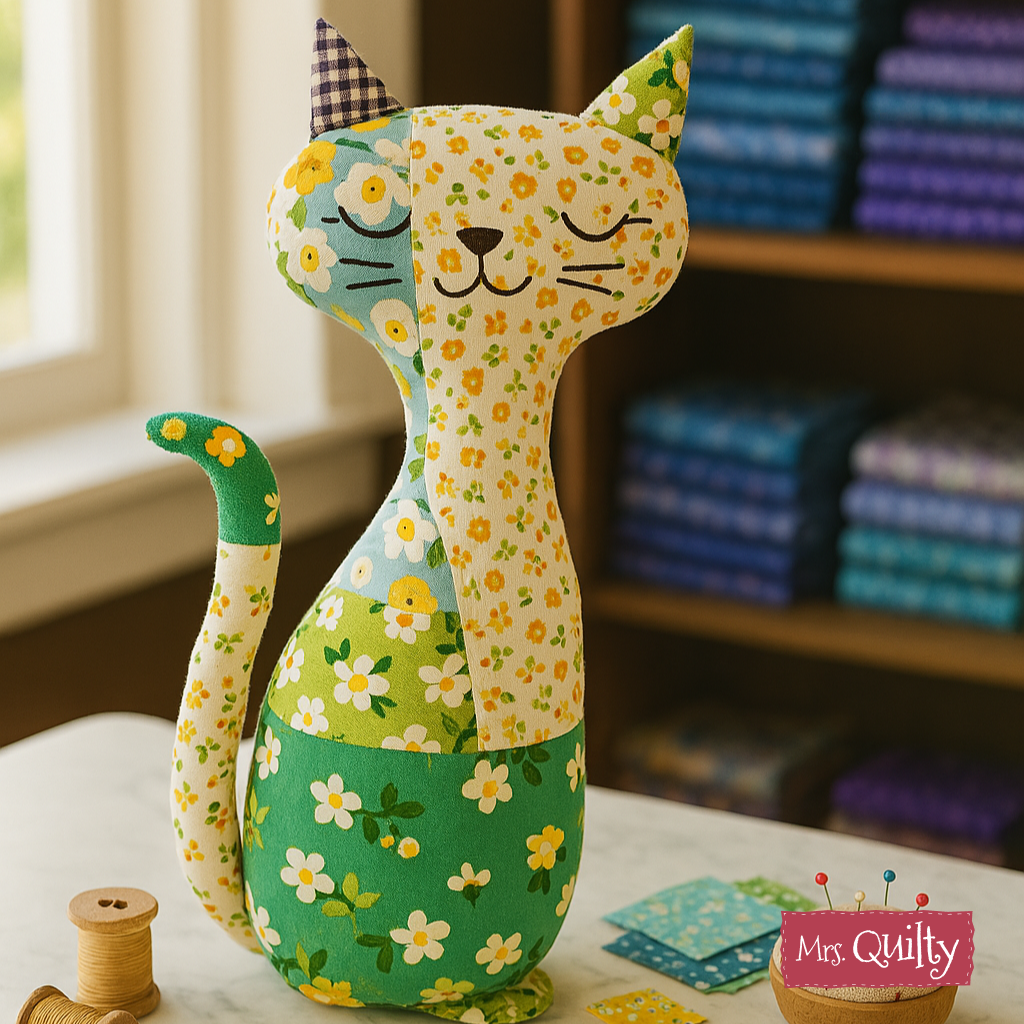 The Patchwork Kitty Downloadable PDF Quilt Pattern features a charming toy cat with floral patchwork details, perfect for your sewing table. The “Mrs. Quilty” logo highlights expert piecework and quilting in every design element.