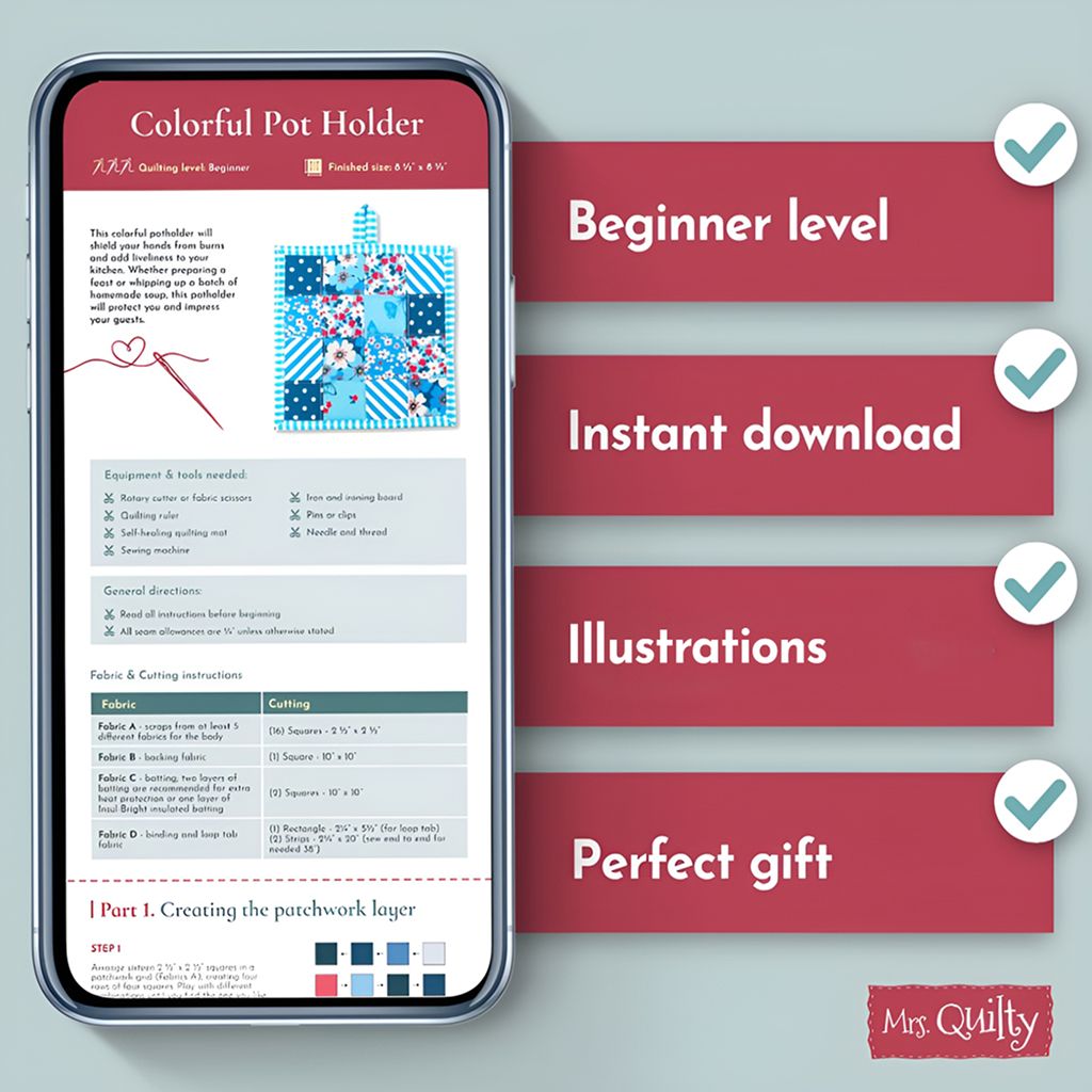 A smartphone shows the Pot Holder Downloadable PDF Quilt Pattern with a checklist for beginner level, instant download, illustrations, and perfect gift; Mrs. Quilty logo appears in the bottom right corner.