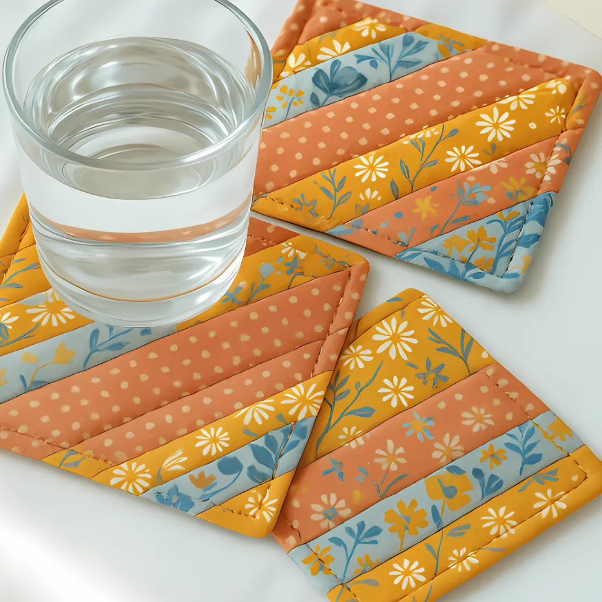 A glass of water rests on a square coaster made with the Scrap Buster Coaster Downloadable PDF Quilt Pattern, featuring orange, yellow, and blue prints; two more coasters—great for beginner sewing or scrap projects—are nearby.