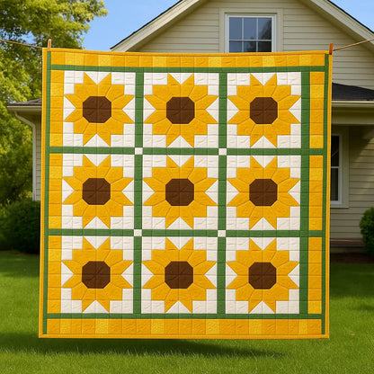The Bundle of 14 Quilt Patterns is displayed outdoors in front of a house, featuring a sunflower-themed design in yellow, brown, and green—ideal for those interested in floral or beginner-friendly quilt patterns.