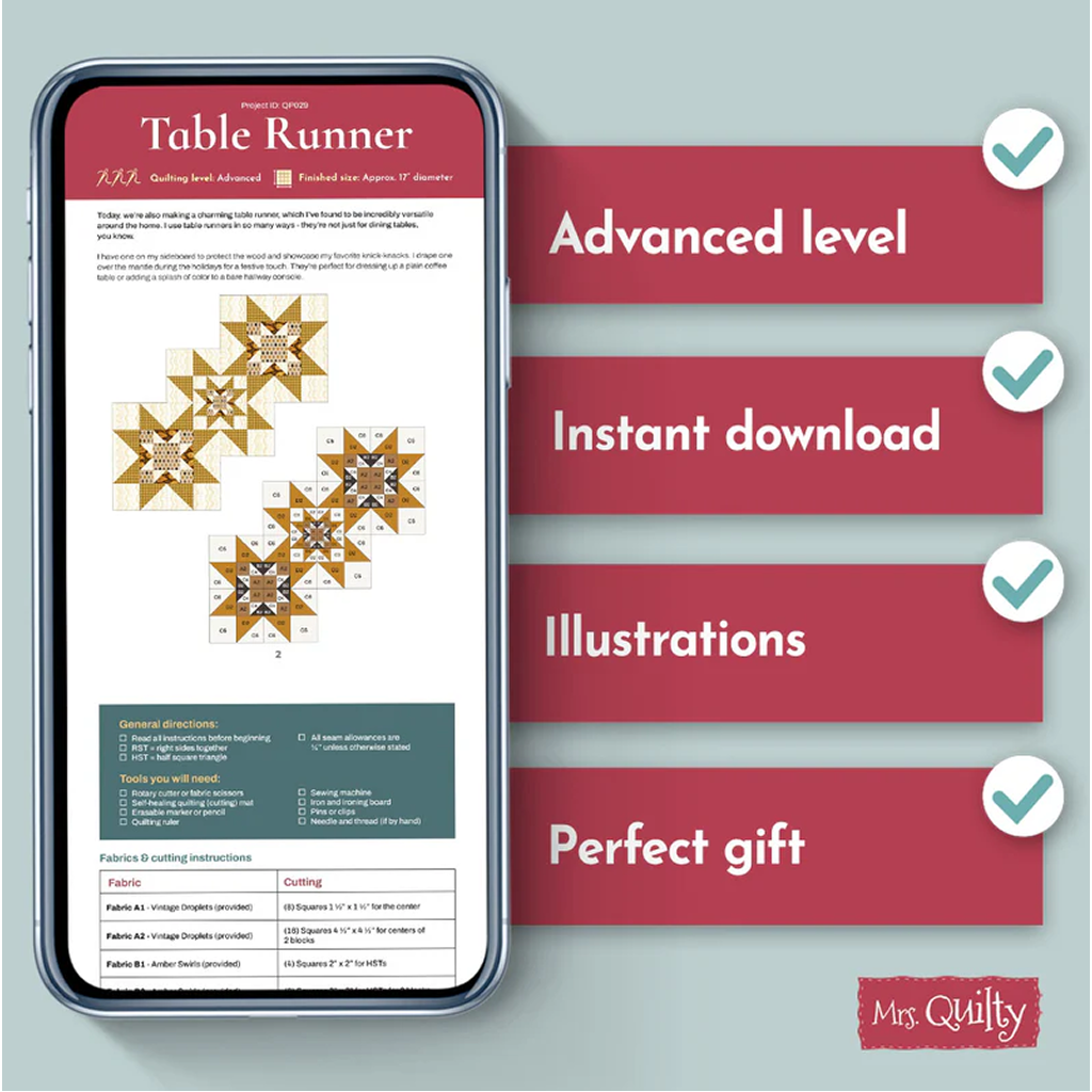 A smartphone displays the Table Runner Downloadable PDF Quilt Pattern—ideal for home decor—with checkmarks for advanced level, instant PDF download, included illustrations, and makes a perfect gift.