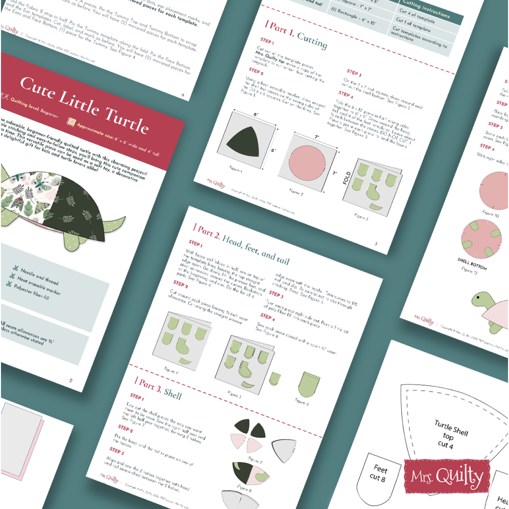 The Timmy the Turtle Downloadable PDF Quilt Pattern features illustrated step-by-step instructions, templates, and sewing directions—ideal for beginner-friendly quilting or creating thoughtful handmade gifts.