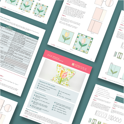 Several pages of the Tulip Pillows Downloadable PDF Quilt Pattern are shown, featuring instructions, diagrams, a materials list, and a finished pillow image—perfect inspiration for beginner quilting projects or handmade gifts.