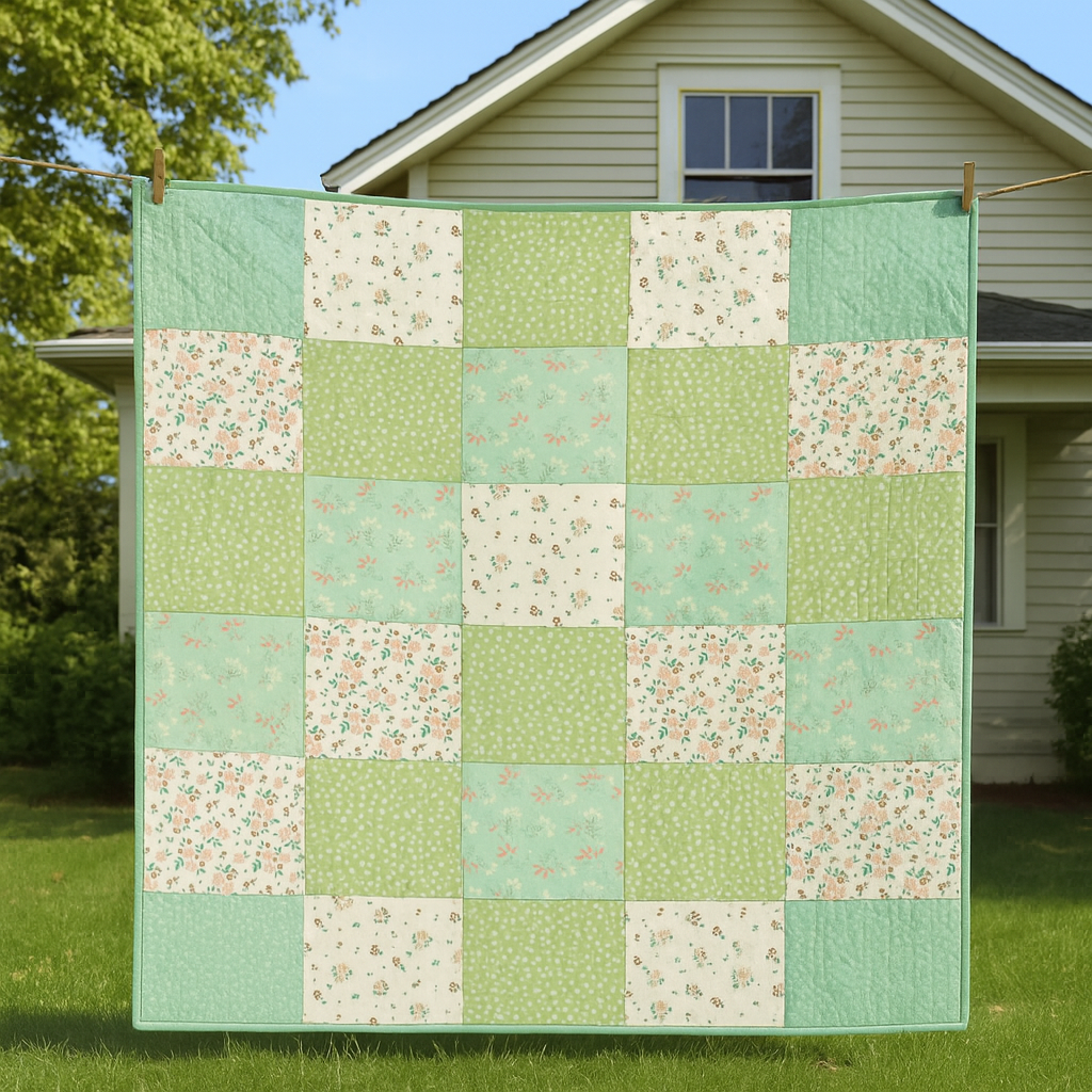 The Vintage Garden Quilt Downloadable PDF Quilt Pattern features green, cream, and floral squares—a classic floral quilt and inviting beginner project—shown hanging on a clothesline in front of a beige house with white trim.