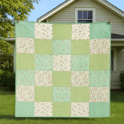 The Vintage Garden Quilt Downloadable PDF Quilt Pattern features green, cream, and floral squares—a classic floral quilt and inviting beginner project—shown hanging on a clothesline in front of a beige house with white trim.