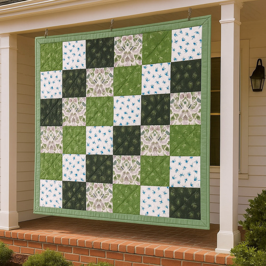 The Wildflower Meadow Quilt, featuring a green and white floral patchwork design, hangs on the porch of a white house with brick steps.