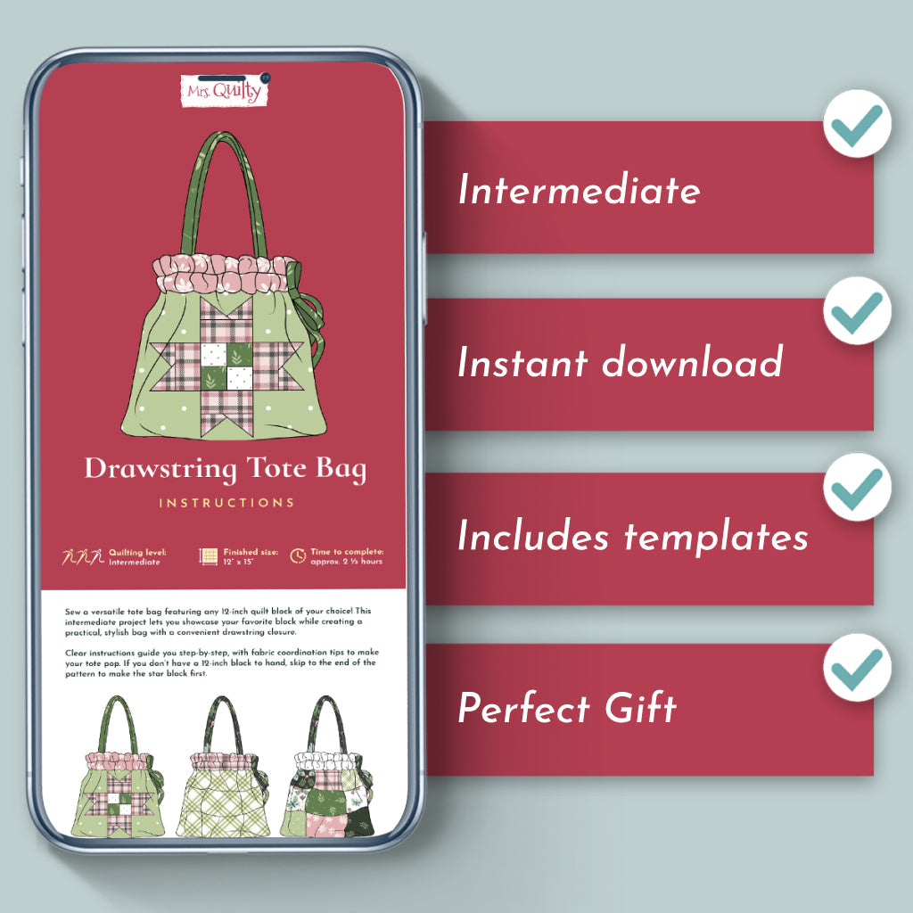 A smartphone displays an ad for the Drawstring Tote Bag Quilt Downloadable PDF Quilt Pattern, featuring skill level, download type, templates, and gift suitability text highlights on a teal background.