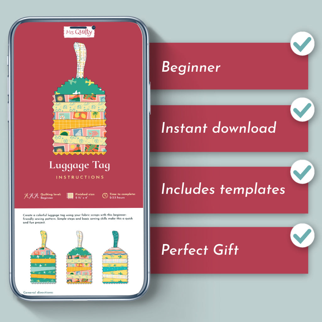 A smartphone shows the Luggage Tag Quilt Downloadable PDF Quilt Pattern instructions; next to it are four checklists: Beginner quilt pattern, Instant download, Includes templates, Perfect gift.