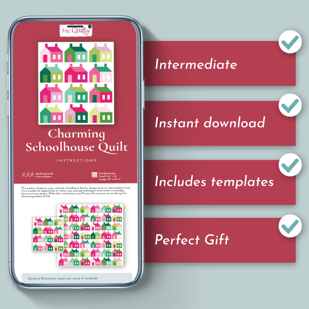 A phone shows the Charming Schoolhouse Quilt Downloadable PDF Quilt Pattern with colorful house blocks; this intermediate pattern is perfect for home décor or gifting and includes instant download with templates.