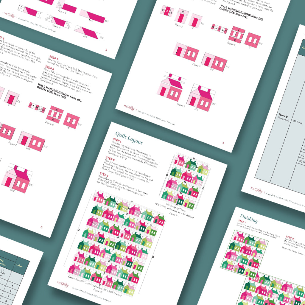 The Charming Schoolhouse Quilt Downloadable PDF Quilt Pattern features step-by-step assembly instructions with diagrams of pink, red, and green houses, text, and charts on a teal background—ideal for intermediate quilters.