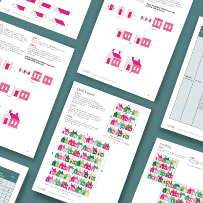 The Charming Schoolhouse Quilt Downloadable PDF Quilt Pattern features step-by-step assembly instructions with diagrams of pink, red, and green houses, text, and charts on a teal background—ideal for intermediate quilters.