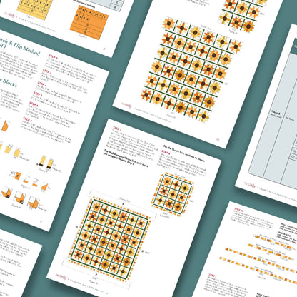 The Sunny Blooms Quilt Downloadable PDF Quilt Pattern features illustrated pages with colorful floral block designs, diagrams, and step-by-step instructions, all laid out on a teal surface for easy assembly guidance.