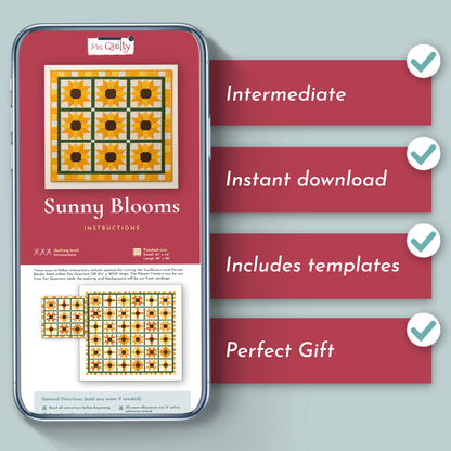 The Sunny Blooms Quilt Downloadable PDF Quilt Pattern displays intermediate-level instructions, a checklist, instant download, included templates, and suggests the floral design as a thoughtful gift.