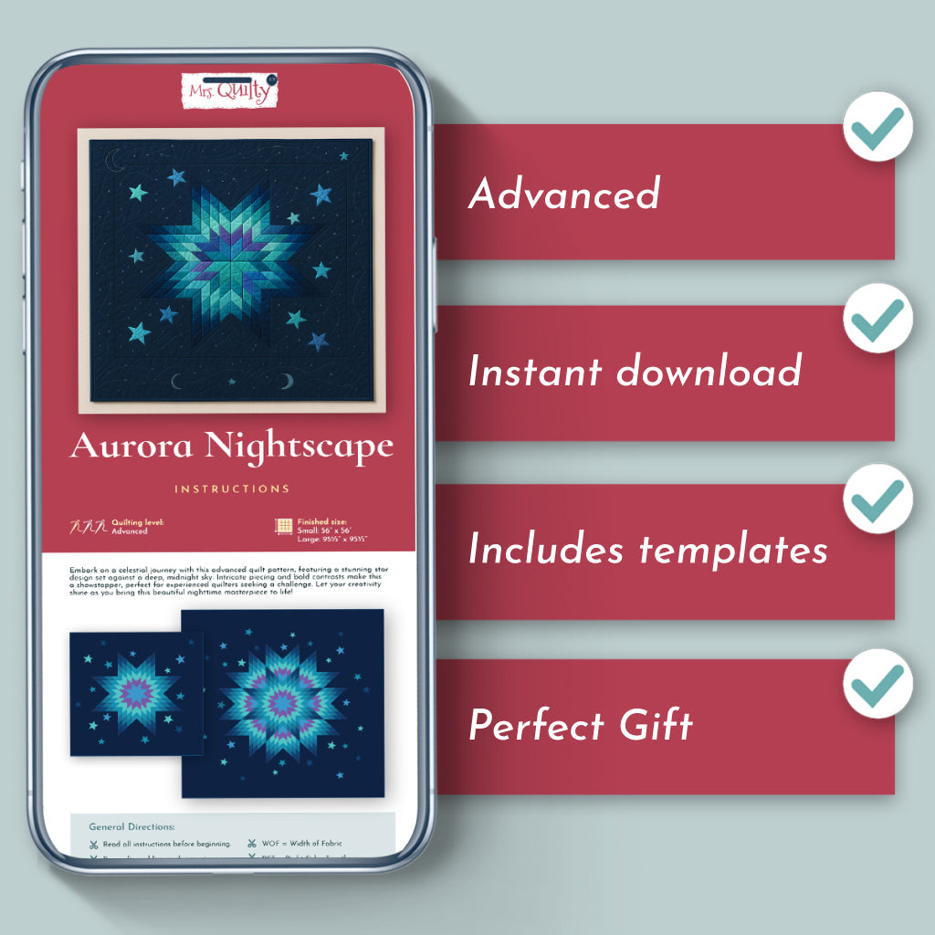 A smartphone shows the Aurora Nightscape Downloadable PDF Quilt Pattern with instructions; next to it, checkmarks list features like advanced quilt design, instant PDF download, included templates, and suitability as a gift.