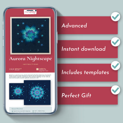 A smartphone shows the Aurora Nightscape Downloadable PDF Quilt Pattern with instructions; next to it, checkmarks list features like advanced quilt design, instant PDF download, included templates, and suitability as a gift.