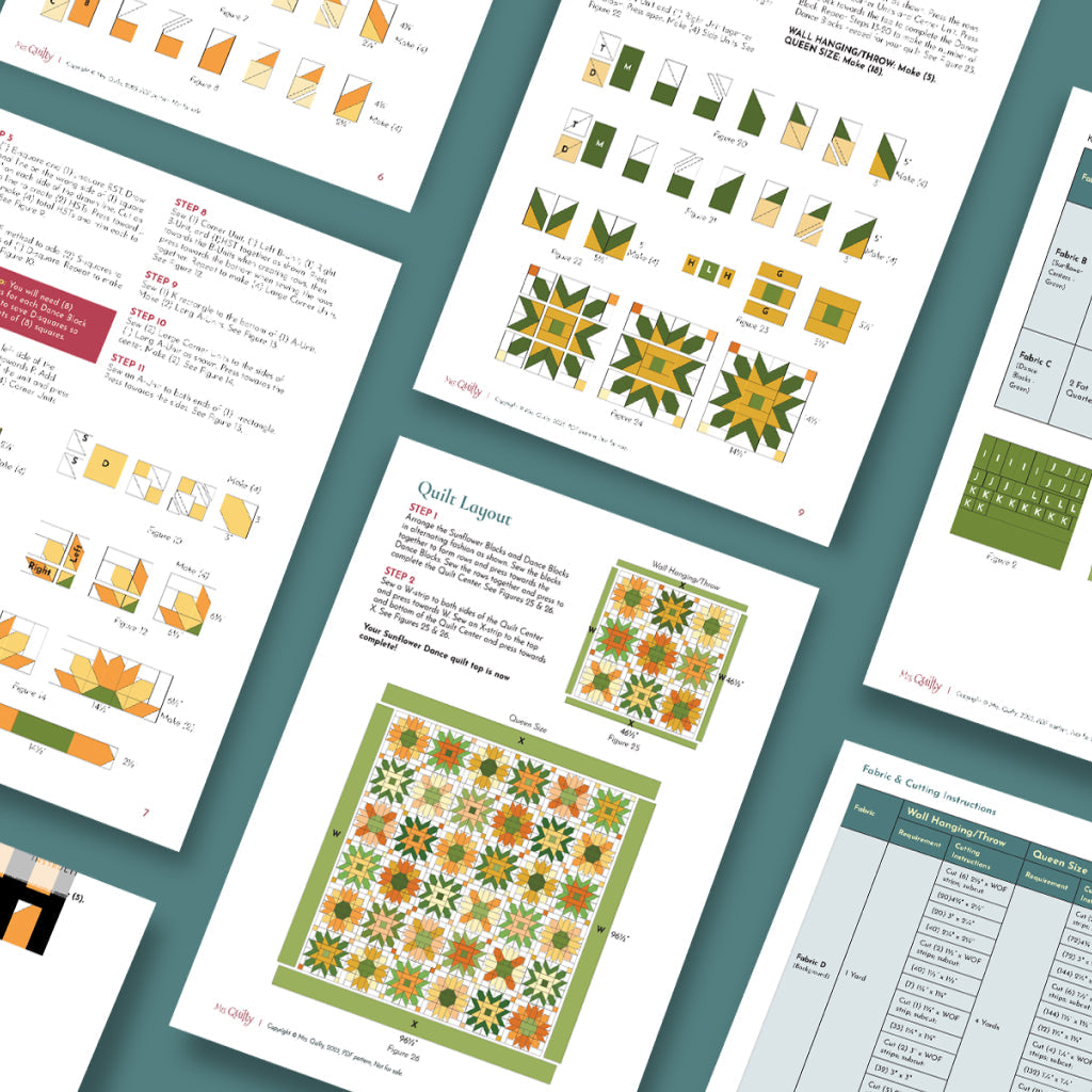 The Sunflower Dance Downloadable PDF Quilt Pattern features detailed instructions, colorful quilting diagrams, assembly steps, measurements, and an illustrated example of the finished quilt layout.