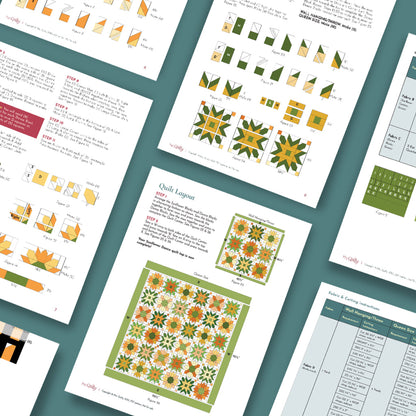 The Sunflower Dance Downloadable PDF Quilt Pattern features detailed instructions, colorful quilting diagrams, assembly steps, measurements, and an illustrated example of the finished quilt layout.