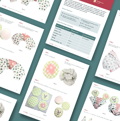 Instruction sheets with photos and diagrams for the Momo the Mouse Downloadable PDF Quilt Pattern are displayed on a teal background, showing fabric pieces, cutting instructions, and step-by-step assembly—a delightful gift for quilters.