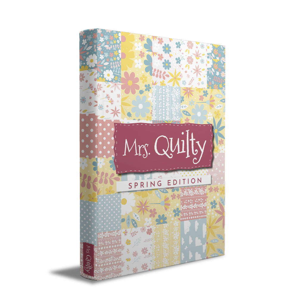 The "Spring Magazine – 8 Quilting Patterns Inside!" downloadable PDF features a floral patchwork design in pastel shades of blue, yellow, and pink, making it an essential resource for fabric inspiration and spring quilting enthusiasts.