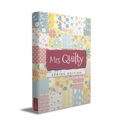 The "Spring Magazine – 8 Quilting Patterns Inside!" downloadable PDF features a floral patchwork design in pastel shades of blue, yellow, and pink, making it an essential resource for fabric inspiration and spring quilting enthusiasts.